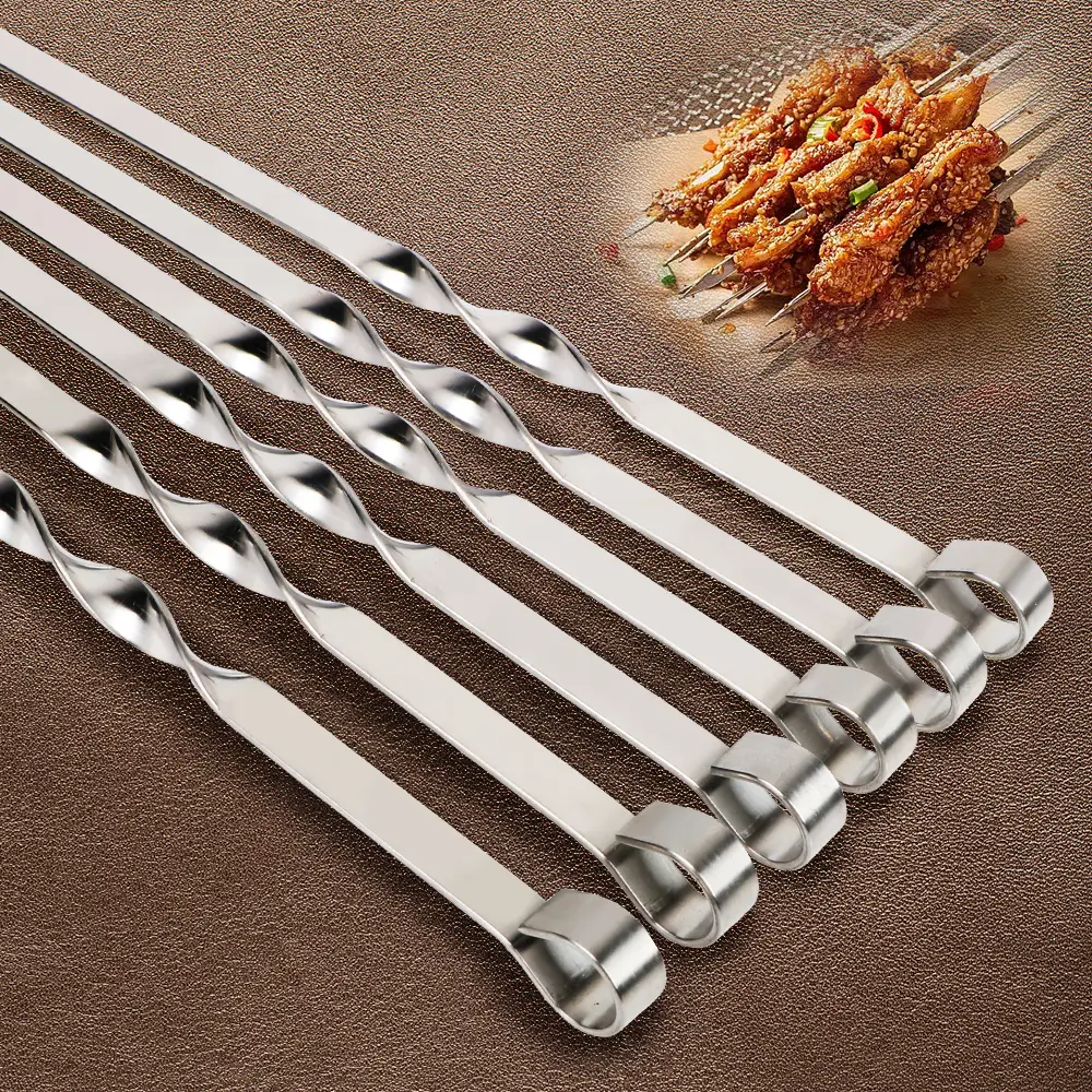 Stainless Steel Extended Skewers Reusable Barbecue Skewers Outdoor Camping Beef and Lamb Skewers Picnic Flat Tools