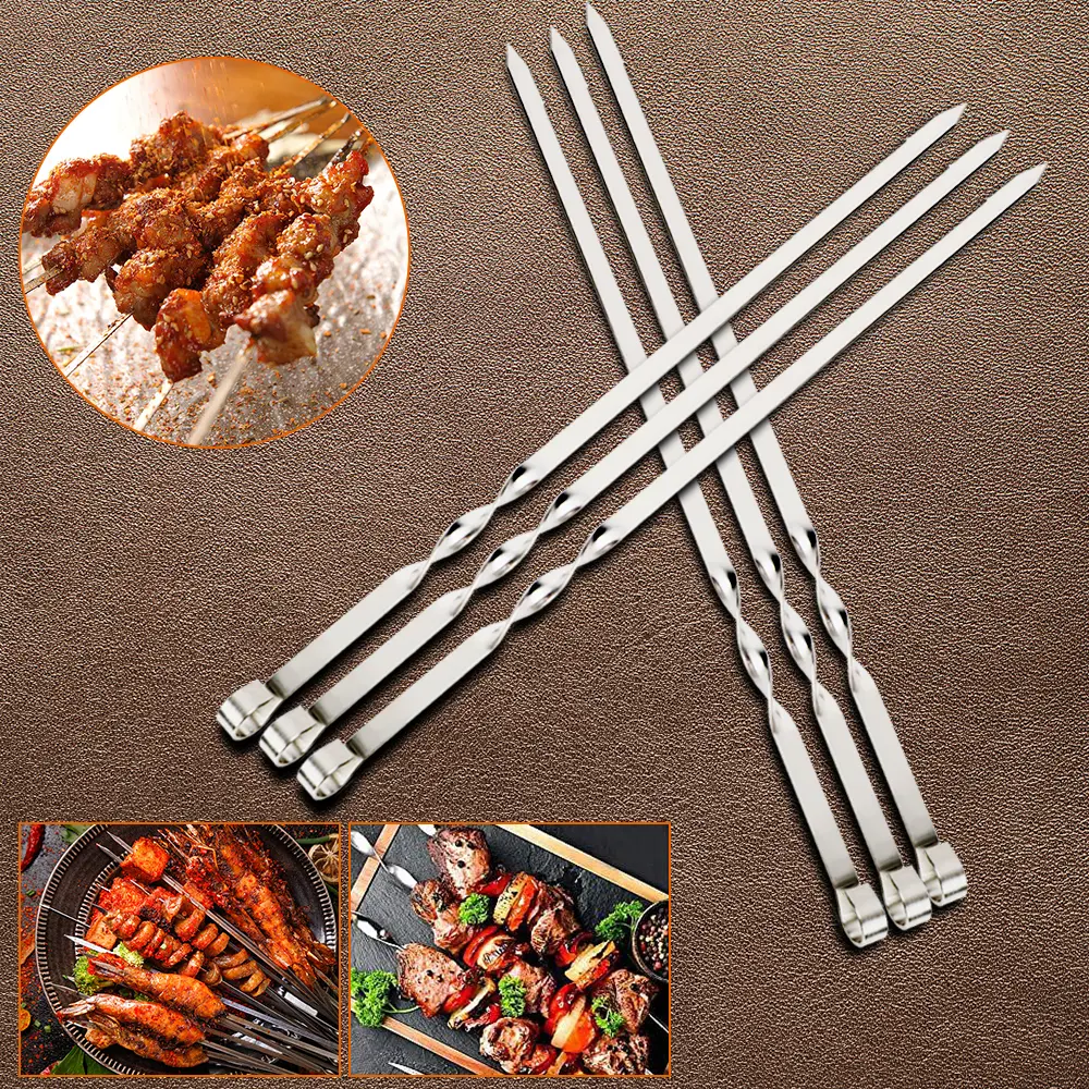 Stainless Steel Extended Skewers Reusable Barbecue Skewers Outdoor Camping Beef and Lamb Skewers Picnic Flat Tools