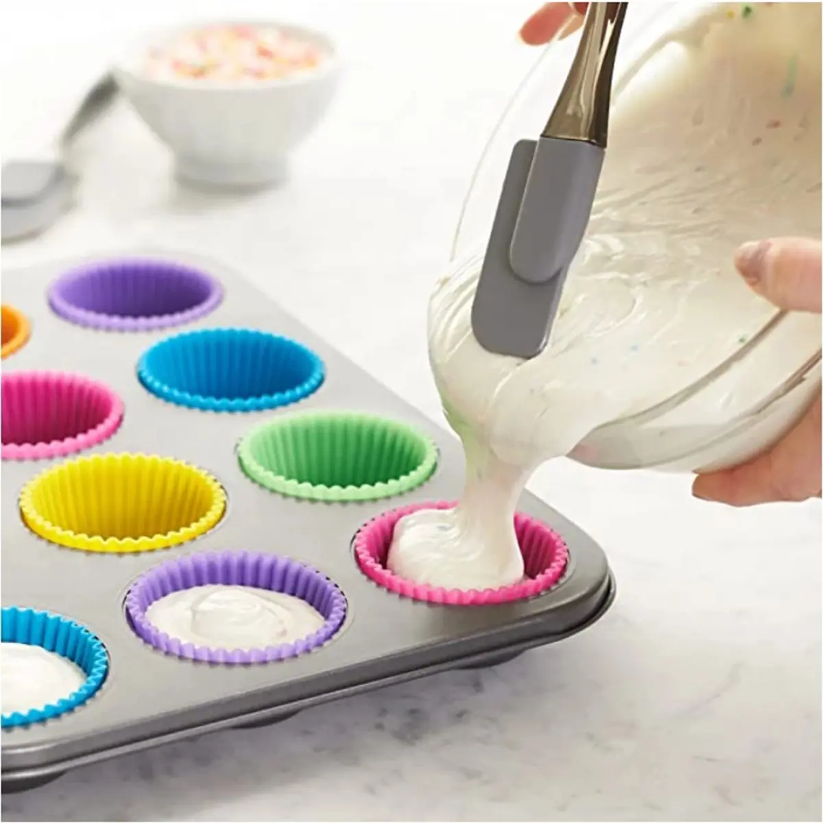 12PCS Circular Reusable Small Cake Cup Molds Silicone Muffin Pudding Molds High-temperature Resistant Jelly Baking Pastry Molds