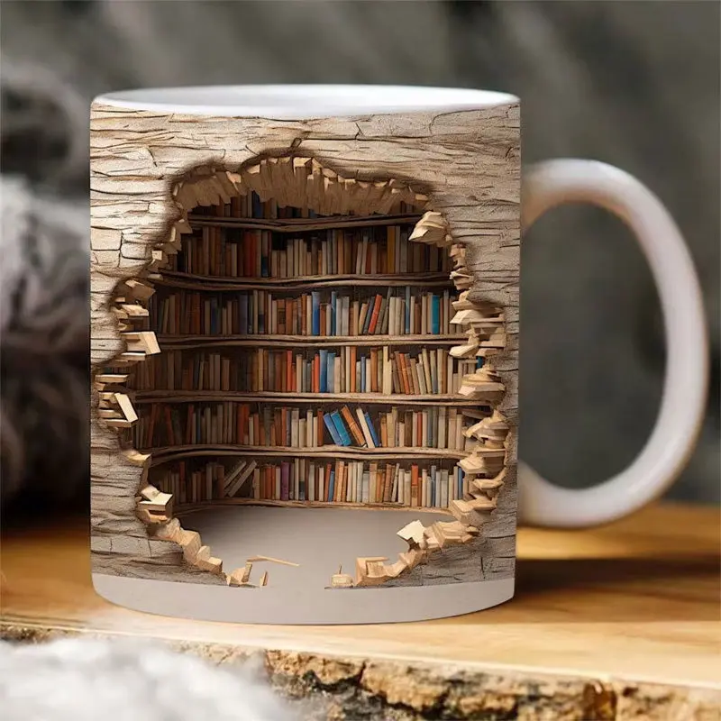 Creative Space Design Mugs Coffee Cups Christmas Gifts 3D Effects Library Wall Collision Bookshelf Reading Afternoon Tea Cups