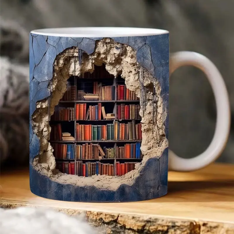 Creative Space Design Mugs Coffee Cups Christmas Gifts 3D Effects Library Wall Collision Bookshelf Reading Afternoon Tea Cups
