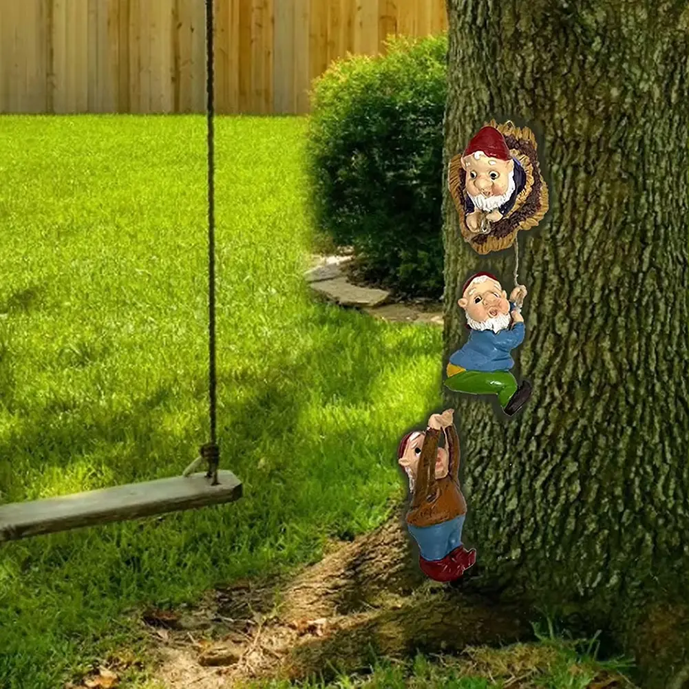 Climbing Little People Outdoor Garden 3 PCS Dwarf Elf Statues Courtyard Tree Hanging Little People Countryside Garden Decoration