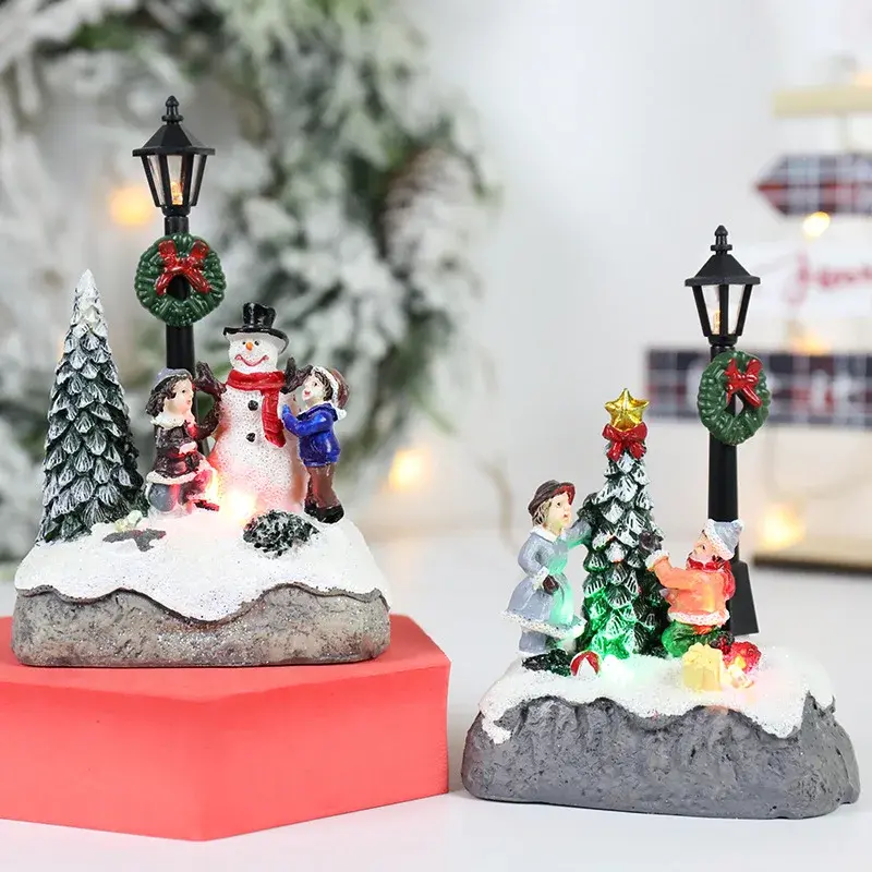 LED Resin Statue Christmas Tree Decoration Micro Landscape Resin Statue Decoration Santa Claus Pine Needle Snow Holiday Gift