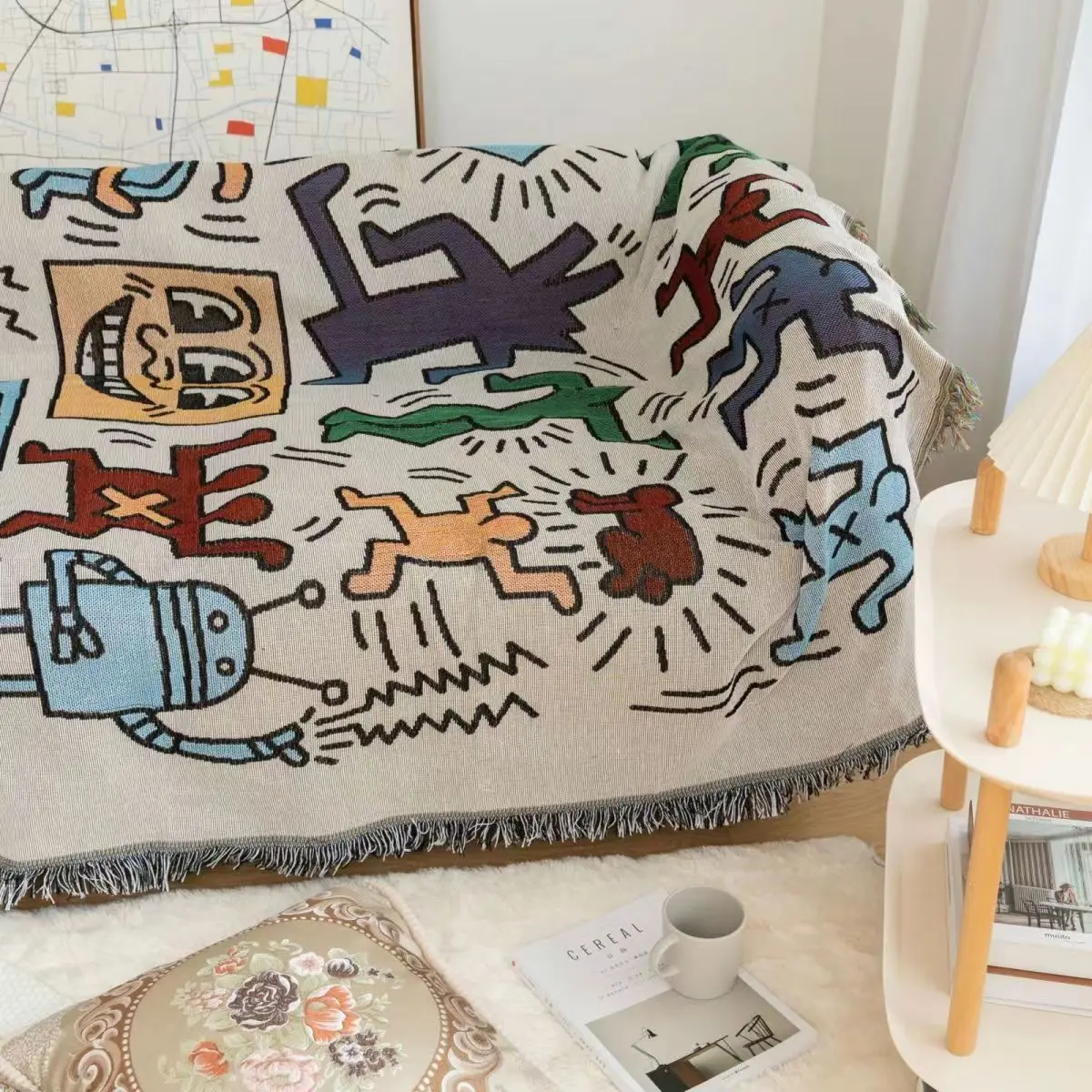 Textile City Puzzle Throwing Blanket Jacquard Weaving Graffiti Home Decoration Tassel Tapestry Picnic Blanket Moisture proof