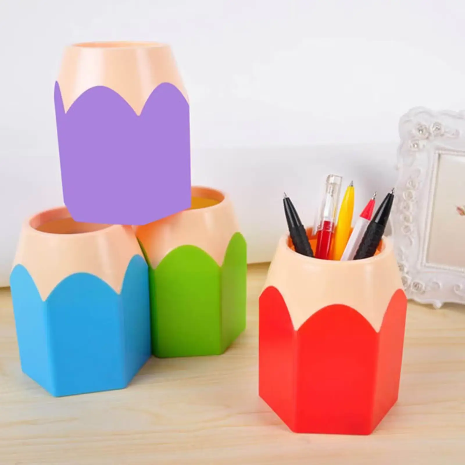 Creative Colored Pencil Head Contrasting Pen Holder Desktop Pen Holder Stationery Storage Pen Holder Makeup Brush Storage Bucket