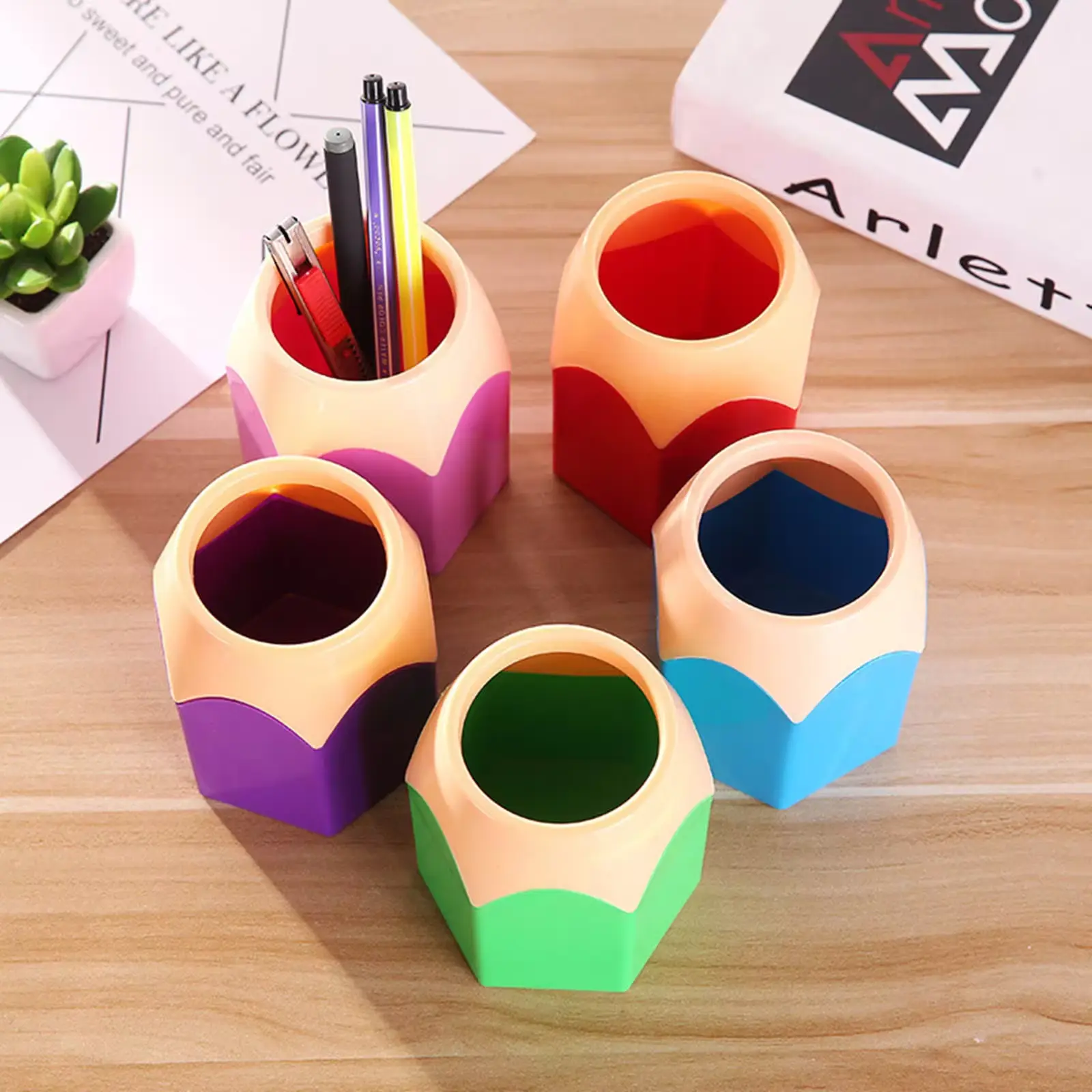 Creative Colored Pencil Head Contrasting Pen Holder Desktop Pen Holder Stationery Storage Pen Holder Makeup Brush Storage Bucket