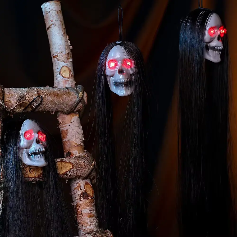 Halloween Hanging Long Haired Ghost Glowing Eyes Ghost Skeleton Terrifying Skull Pendant Decoration Haunted House Skull Prop