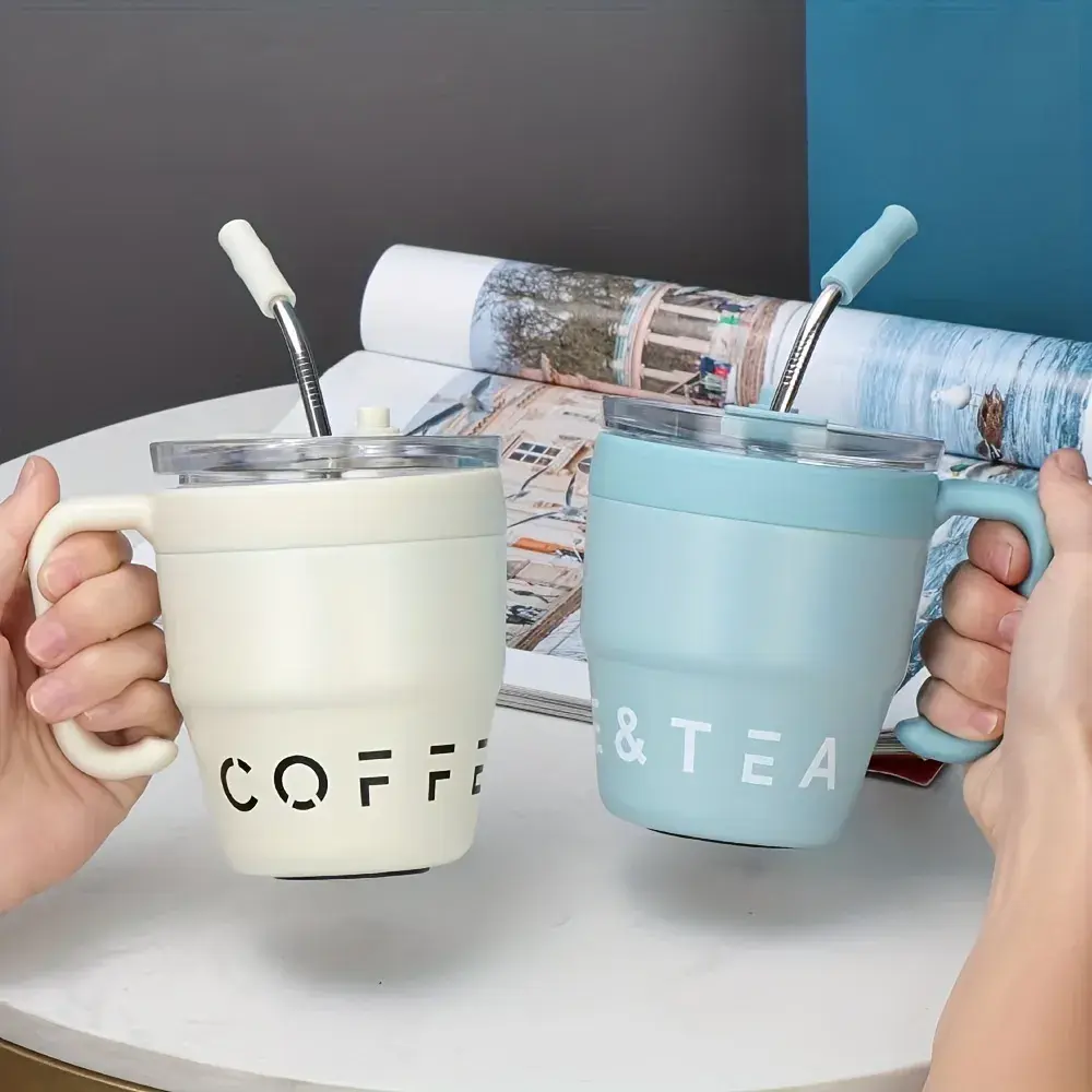 Straw Covered Coffee Cup 480ml Stainless Steel Insulated Cup Hot Beverage Cup Milk Cup Afternoon Tea Cup Office Portable Bottle