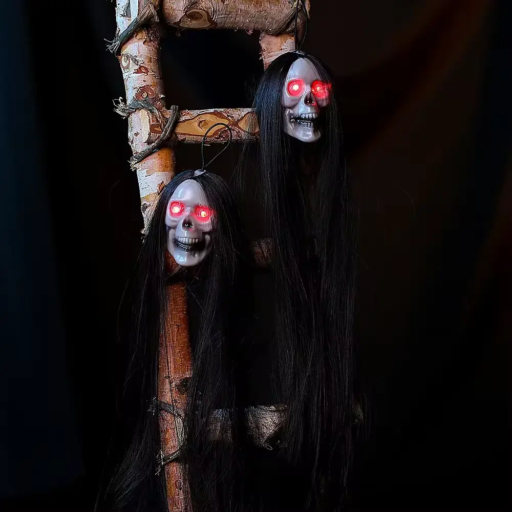 Halloween Hanging Long Haired Ghost Glowing Eyes Ghost Skeleton Terrifying Skull Pendant Decoration Haunted House Skull Prop