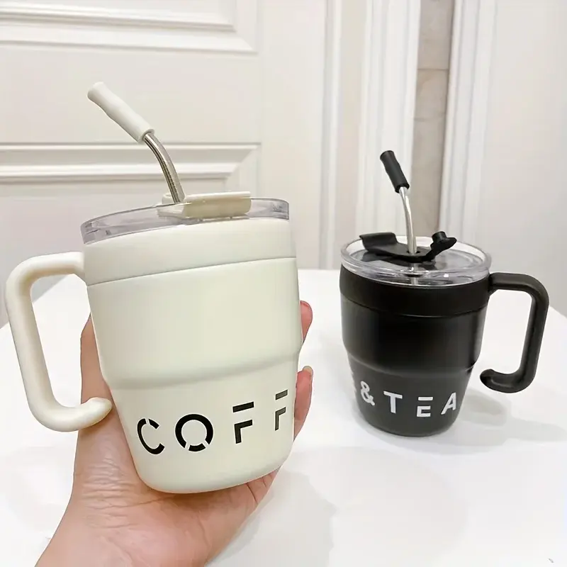 Straw Covered Coffee Cup 480ml Stainless Steel Insulated Cup Hot Beverage Cup Milk Cup Afternoon Tea Cup Office Portable Bottle