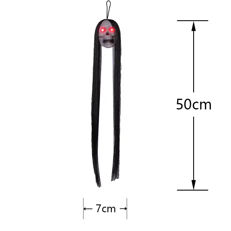 Halloween Hanging Long Haired Ghost Glowing Eyes Ghost Skeleton Terrifying Skull Pendant Decoration Haunted House Skull Prop