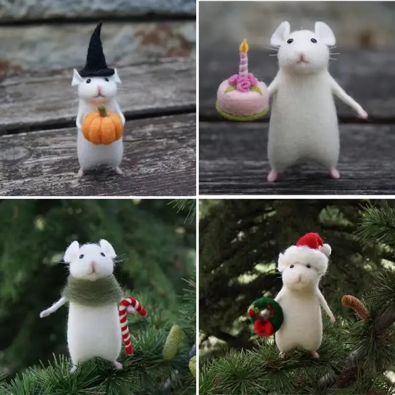 Creative Mini White Mouse Doll Halloween Mouse Hug Pumpkin Hair Needle Felt Mouse Toy Set Needle Punch Mini Desktop Ornament
