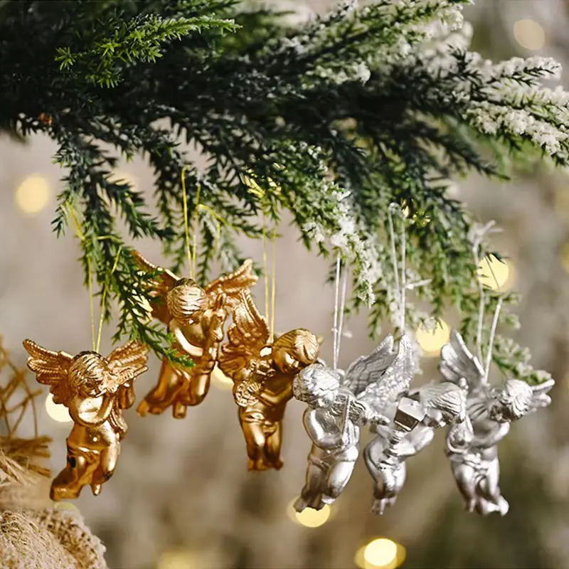 6 PCS Christmas Tree Decoration Hanging Gold Silver Angel Statue Pendant Christmas Tree Hanging Angel Doll Pendant Decoration