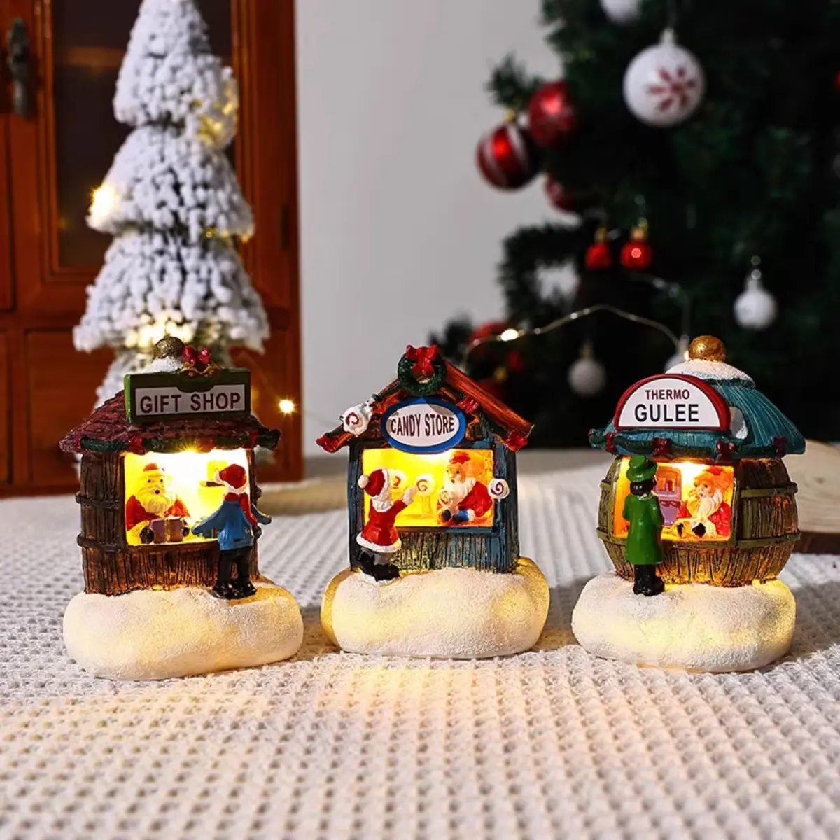 Christmas Resin Small House Santa Claus Shop Micro Landscape Resin Ornaments LED House Christmas Snowman Luminous Decoration