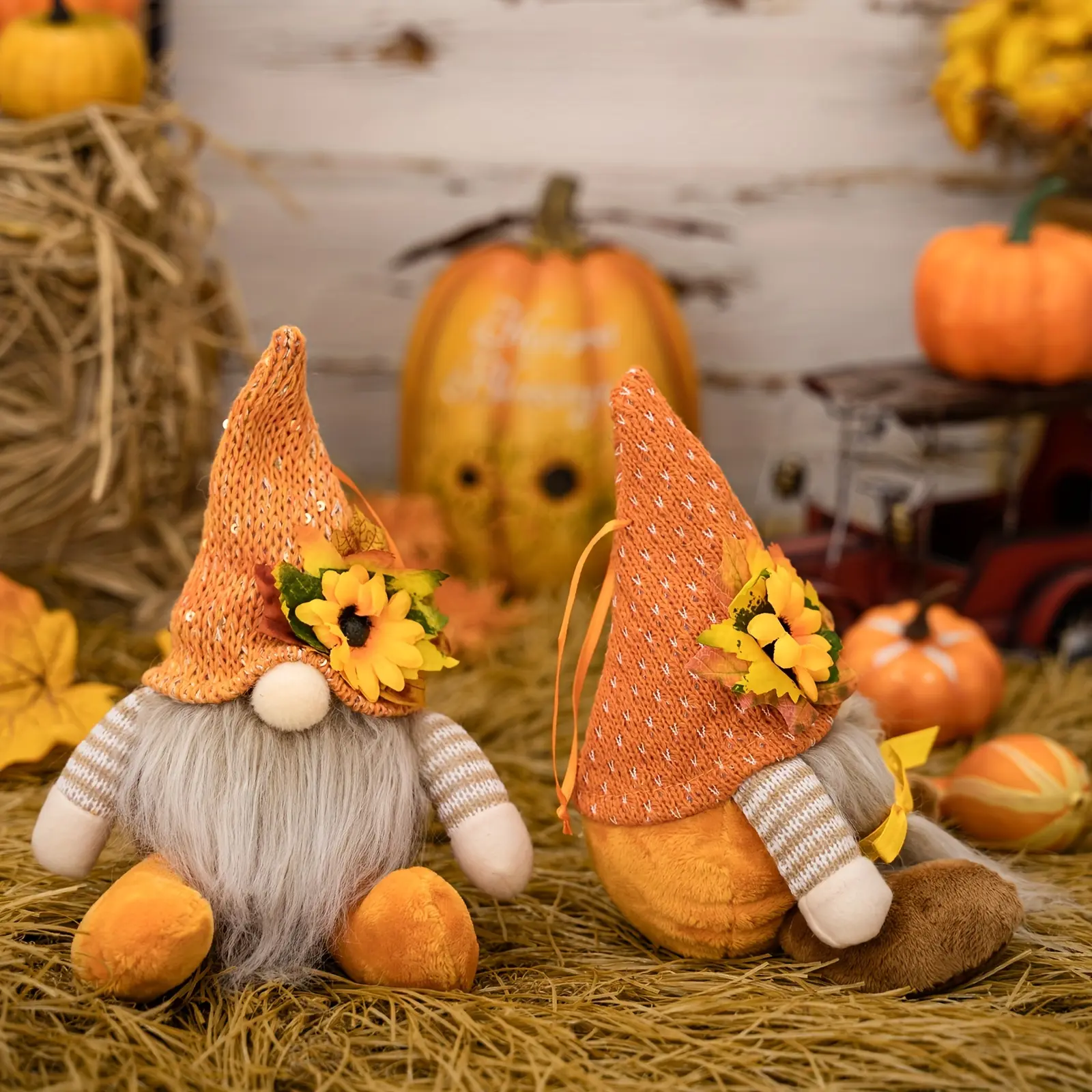 Thanksgiving Decorative Supplies Harvest Season Sunflowers Decorative Maple Leaf Straw Hat Rudolf Goblin Dwarf Doll Pendant