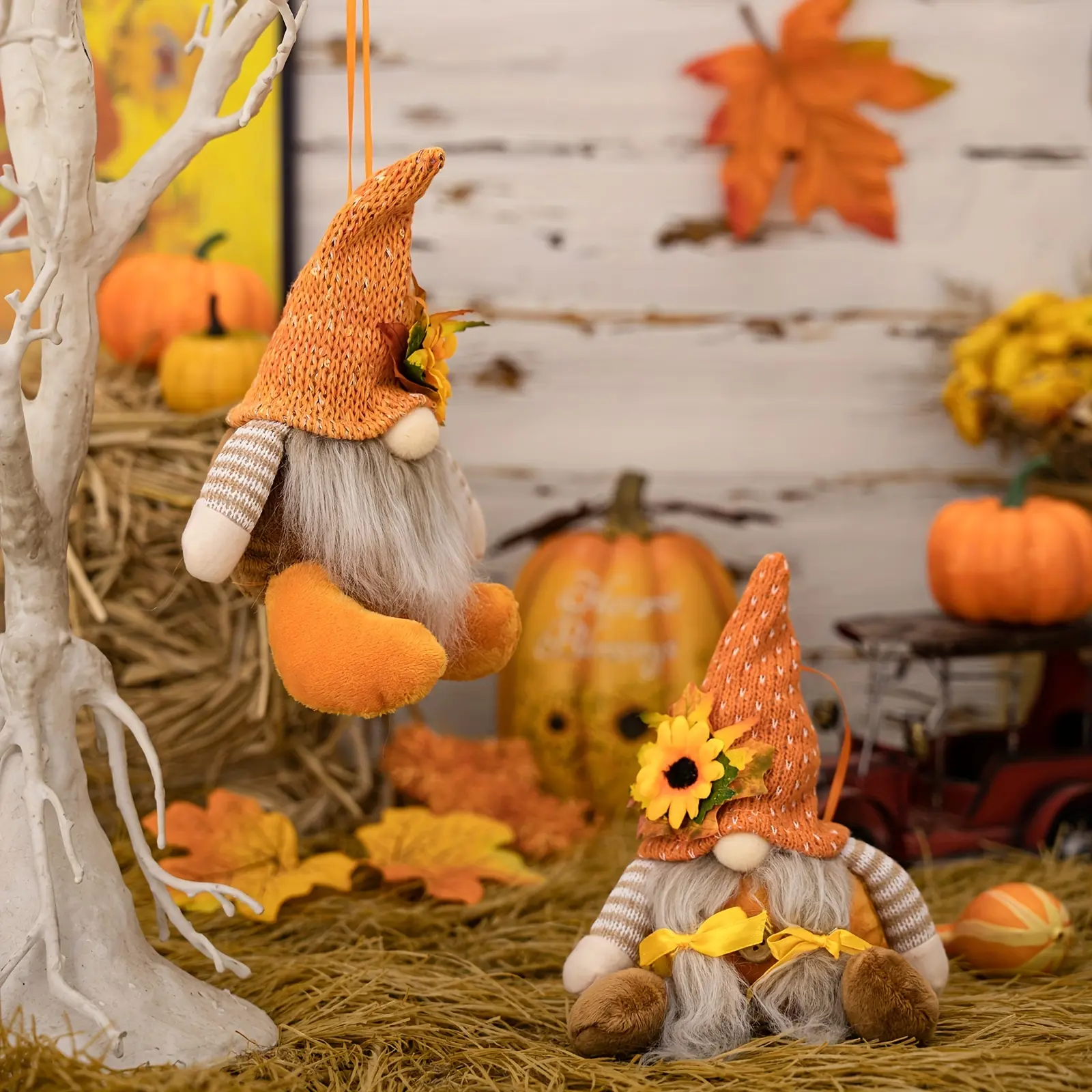 Thanksgiving Decorative Supplies Harvest Season Sunflowers Decorative Maple Leaf Straw Hat Rudolf Goblin Dwarf Doll Pendant