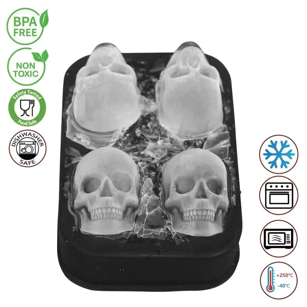 4 Hole Skeleton Model Ice Tray with Funnel Silicone Flexible Ice Mold Reusable Whiskey Ice Mold Ball Ice Mold Kitchen Bar Tool