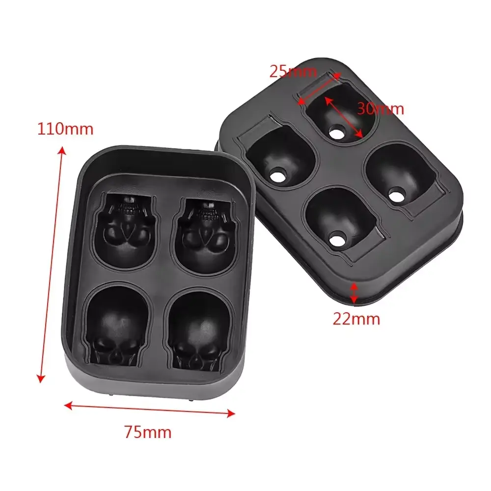 4 Hole Skeleton Model Ice Tray with Funnel Silicone Flexible Ice Mold Reusable Whiskey Ice Mold Ball Ice Mold Kitchen Bar Tool