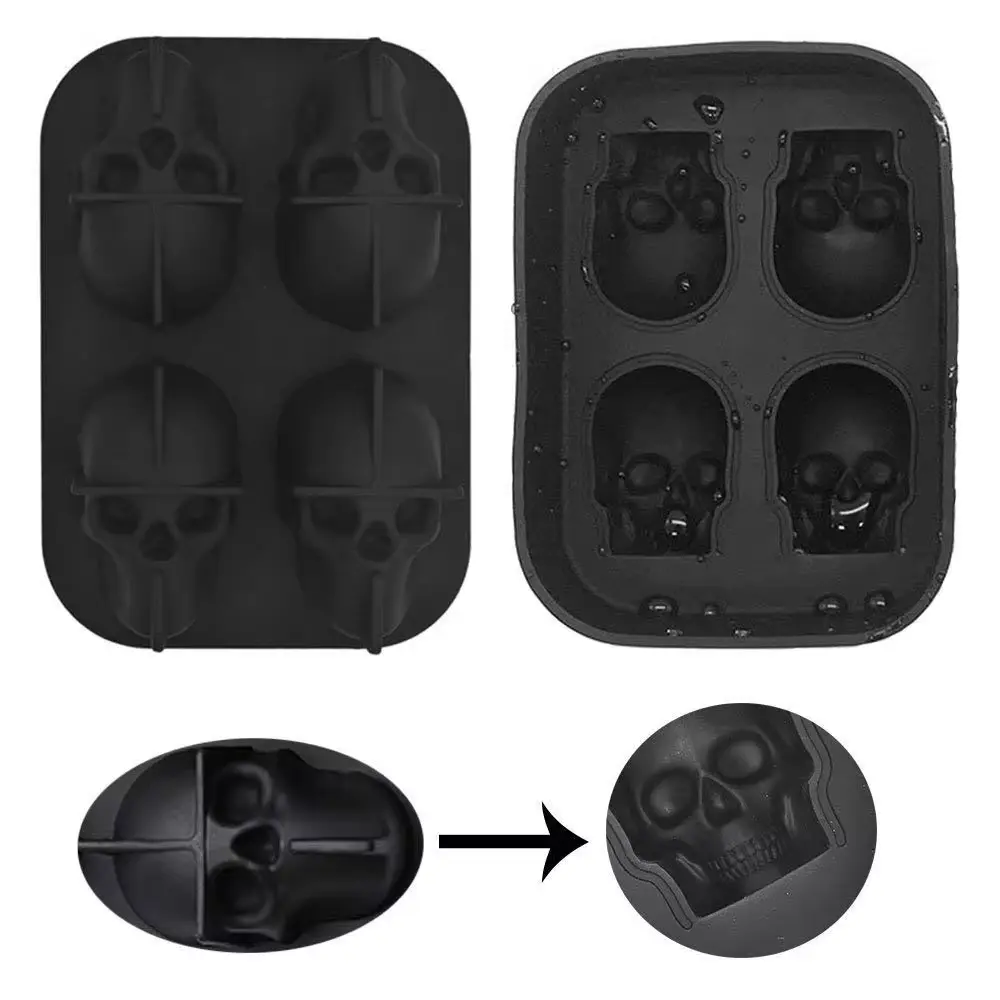 4 Hole Skeleton Model Ice Tray with Funnel Silicone Flexible Ice Mold Reusable Whiskey Ice Mold Ball Ice Mold Kitchen Bar Tool