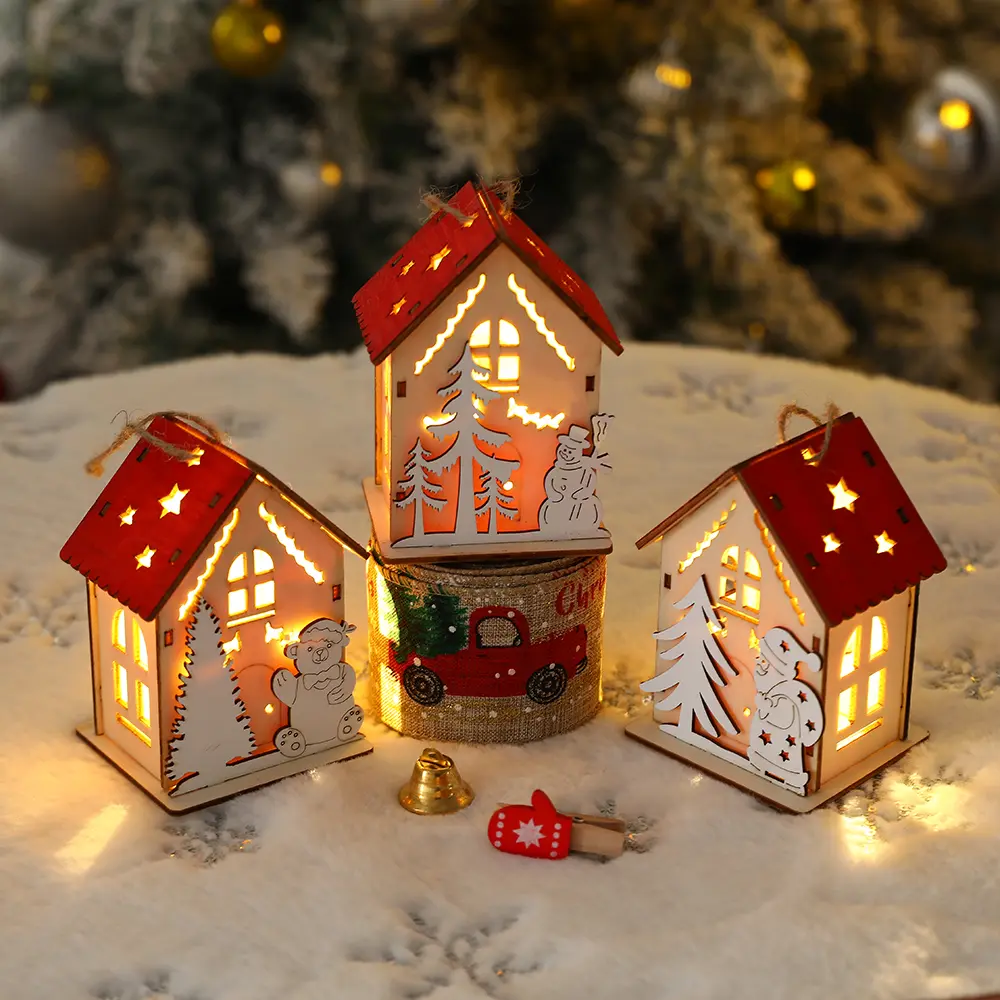 Christmas Wooden House Pendant Snowman Elk Santa Claus Bear House Lighting Glowing Snowy Wooden House Decoration Pendant