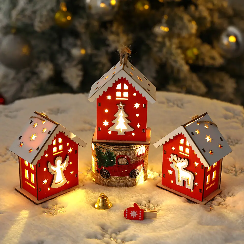 Christmas Wooden House Pendant Snowman Elk Santa Claus Bear House Lighting Glowing Snowy Wooden House Decoration Pendant