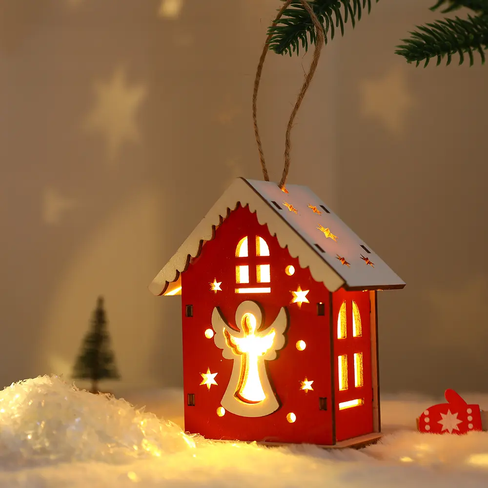 Christmas Wooden House Pendant Snowman Elk Santa Claus Bear House Lighting Glowing Snowy Wooden House Decoration Pendant