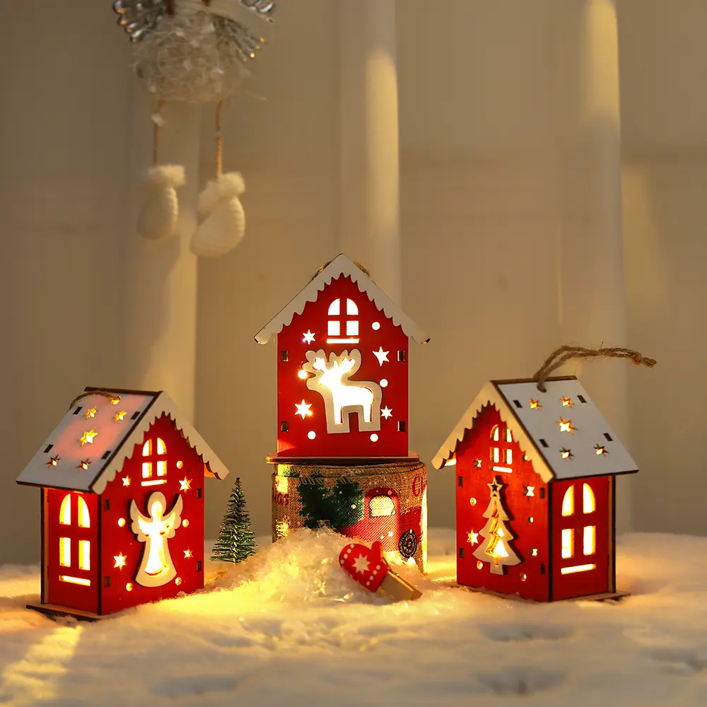 Christmas Wooden House Pendant Snowman Elk Santa Claus Bear House Lighting Glowing Snowy Wooden House Decoration Pendant