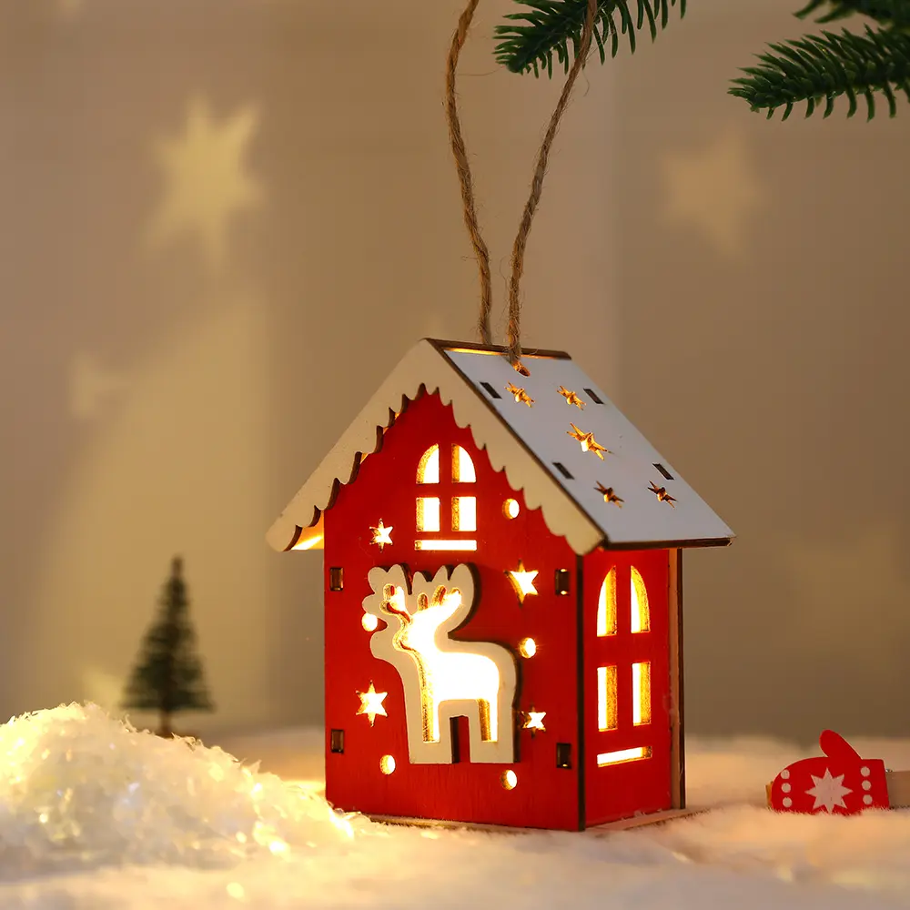 Christmas Wooden House Pendant Snowman Elk Santa Claus Bear House Lighting Glowing Snowy Wooden House Decoration Pendant