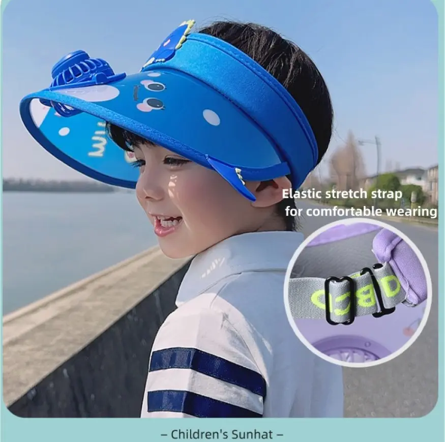 Summer Children's Sunshade Hat with Fan USB Rechargeable Sunshade Hat Cartoon Cute Outdoor Children's Large Brim Empty Top Hat
