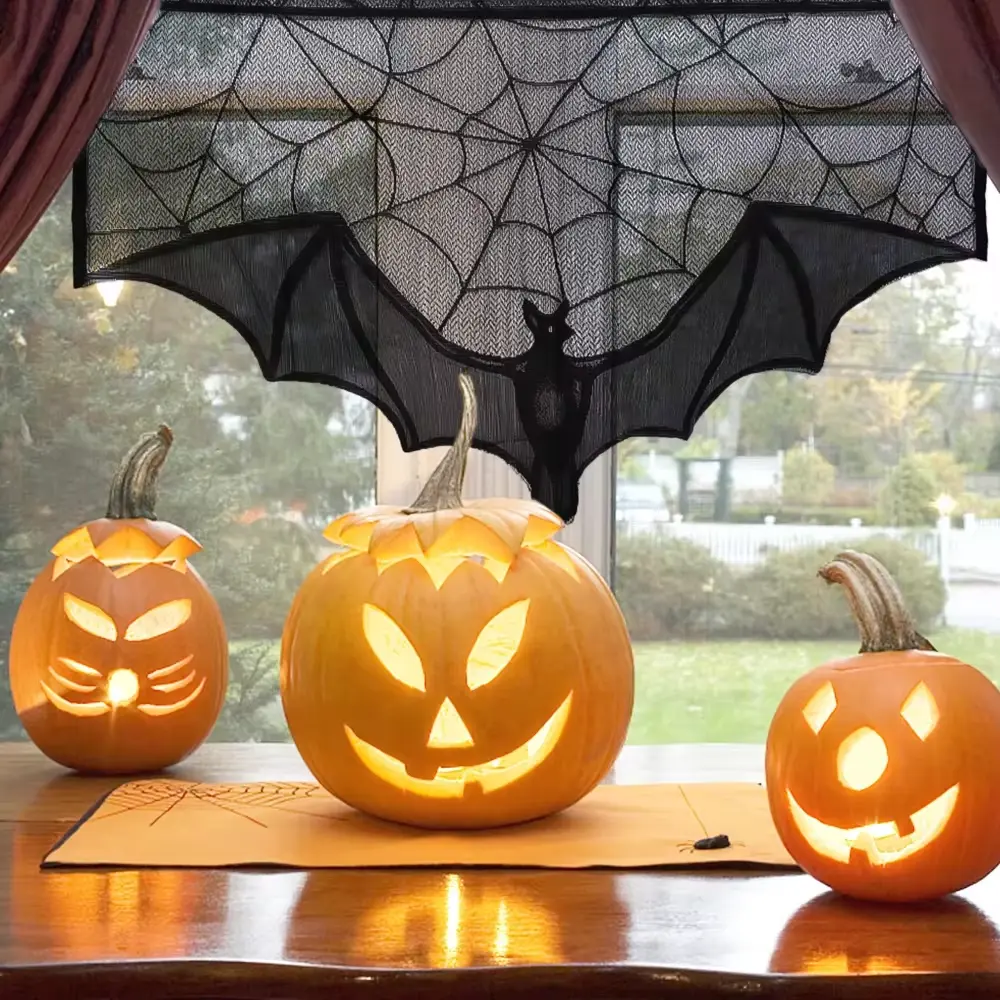 Halloween Lace Bat Curtains Fine Craftsmanship Reusable Lightweight Spider Web Pattern Curtains Living Room Horror Decoration
