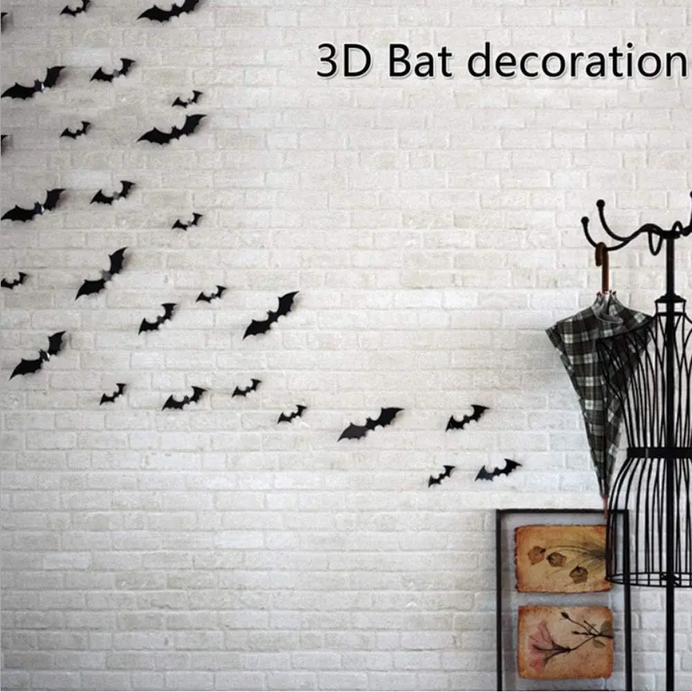 Halloween Decorative Bat Stickers 3D Stereoscopic Black Bat Stickers Bar Party Ghost House Terrifying Wall Stickers Props
