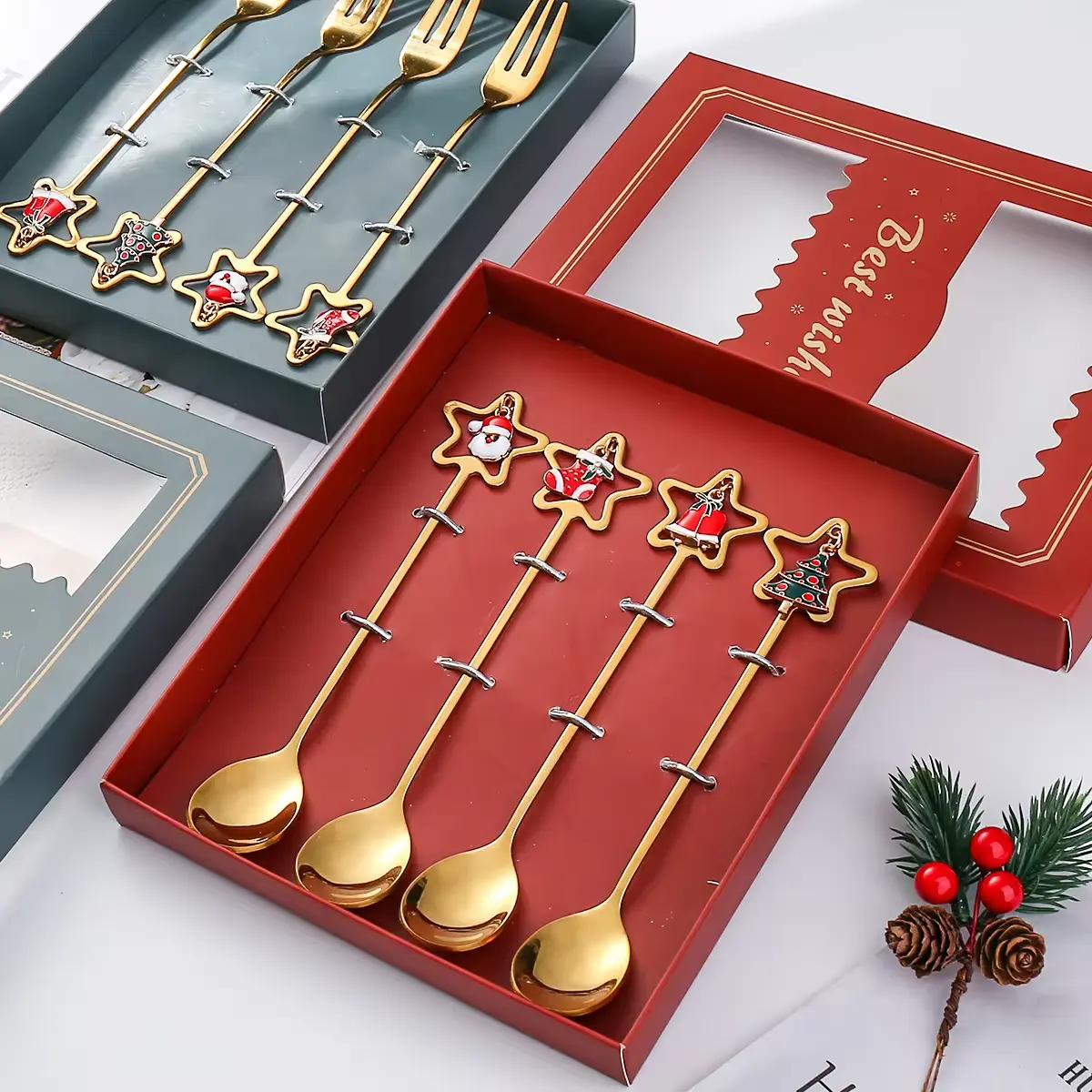 Christmas Series Stainless Steel Dessert Spoon Set Elk Christmas Tree Decoration Fruit Fork Coffee Spoon Christmas Tableware Set