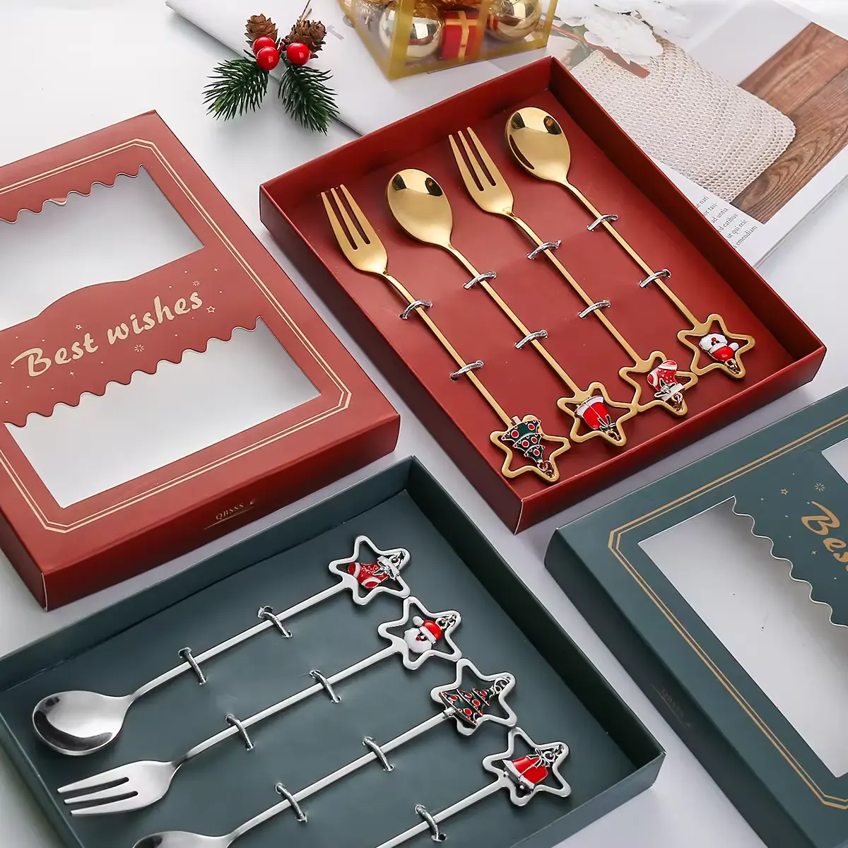 Christmas Series Stainless Steel Dessert Spoon Set Elk Christmas Tree Decoration Fruit Fork Coffee Spoon Christmas Tableware Set