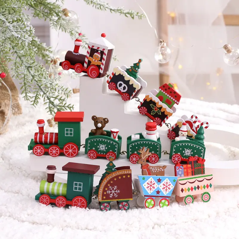 Wooden Train Christmas Decorations Merry Christma Family Dining Table Decoration Elderly/Snowman/Bear Christmas Party Decoration