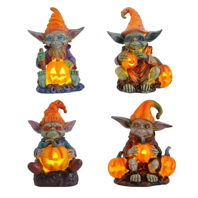 Halloween Decoration Hug Pumpkin Lantern Elf Resin Craft Decoration Home Desktop Glowing Dwarf Dwarf Doll Desktop Ornament