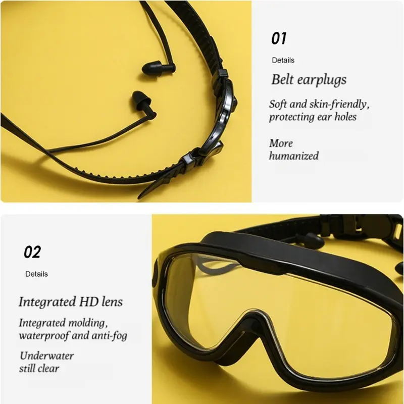 Silicone Swimming Goggles with Earplugs Large Frame Adult Swimming Goggles High-definition Waterproof Anti Fog Swimming Goggles