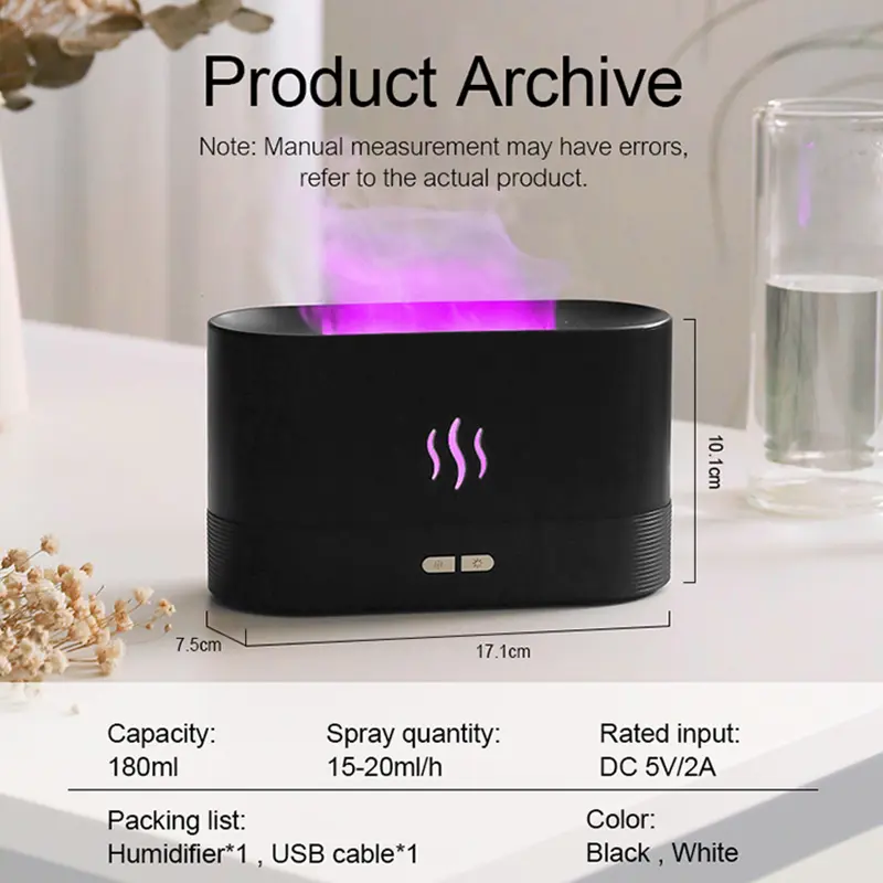 Color Simulation Flame Diffuser Aromatic Air Humidifier Ultrasonic Cold Mist Machine Office Household LED Flame Lamp Humidifier