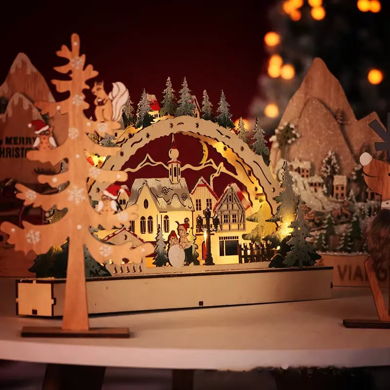 Christmas Wooden LED Lights Bridge Lights Ornaments Christmas Village Shopping Malls Shop Windows Christmas Scene Decorations
