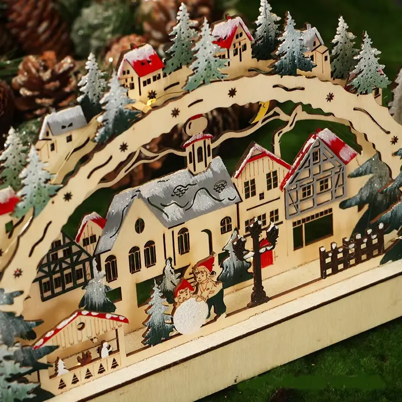 Christmas Wooden LED Lights Bridge Lights Ornaments Christmas Village Shopping Malls Shop Windows Christmas Scene Decorations