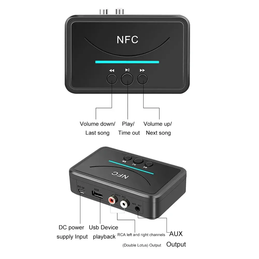 NFC Bluetooth Receiver Wireless Aduio Adapter Music Audio Receiver AUX 3.5mm Jack RCA Handsfree Call NFC for TV Car Speaker