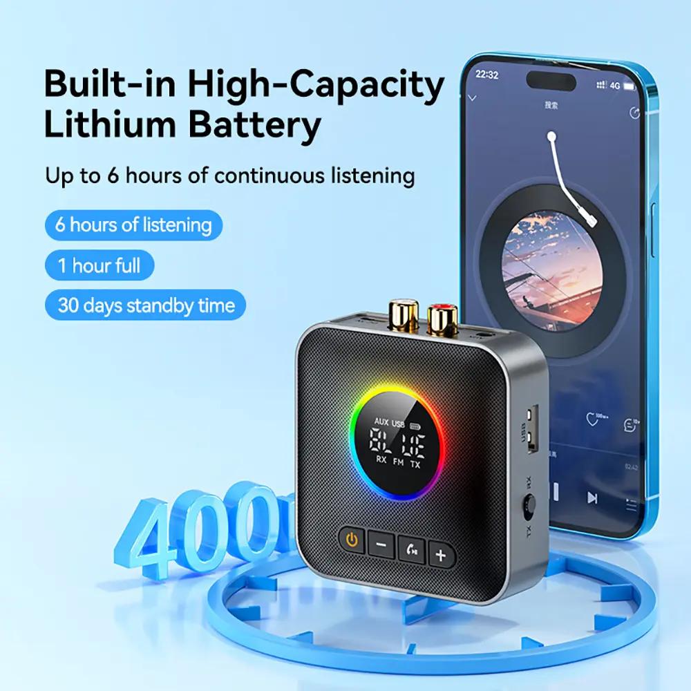2-in-1 RGB Bluetooth 5.4 Adapter Wireless Audio Receiver Transmitter 3.5MM USB RCA FM with Radio Wireless Adapter For Speaker