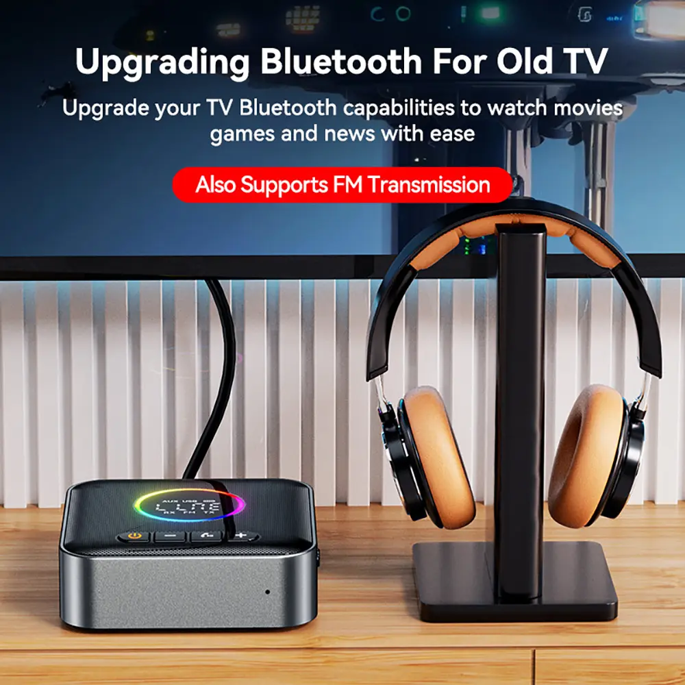 2-in-1 RGB Bluetooth 5.4 Adapter Wireless Audio Receiver Transmitter 3.5MM USB RCA FM with Radio Wireless Adapter For Speaker