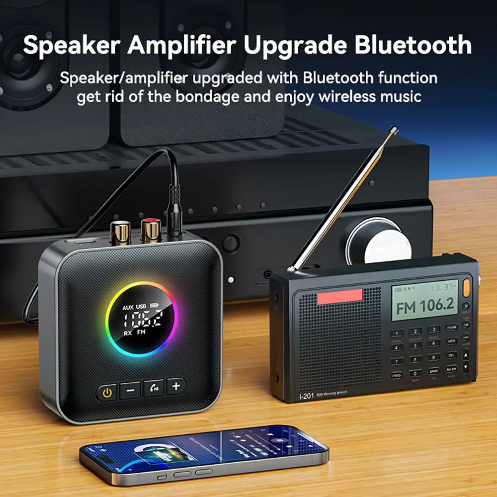 2-in-1 RGB Bluetooth 5.4 Adapter Wireless Audio Receiver Transmitter 3.5MM USB RCA FM with Radio Wireless Adapter For Speaker