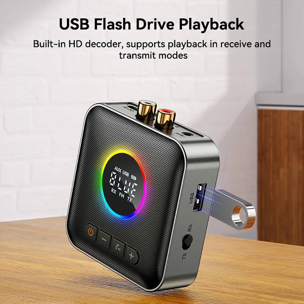 2-in-1 RGB Bluetooth 5.4 Adapter Wireless Audio Receiver Transmitter 3.5MM USB RCA FM with Radio Wireless Adapter For Speaker