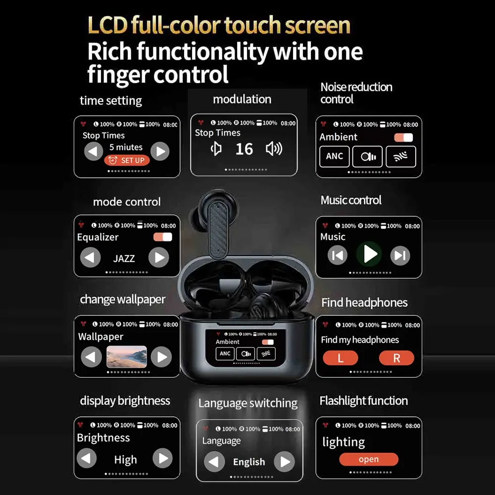 Bluetooth 5.4 Earphones Color Screen Touch Control Headsets Wireless Headphones HiFi Stereo Noise Reduction Super Bass Earbuds