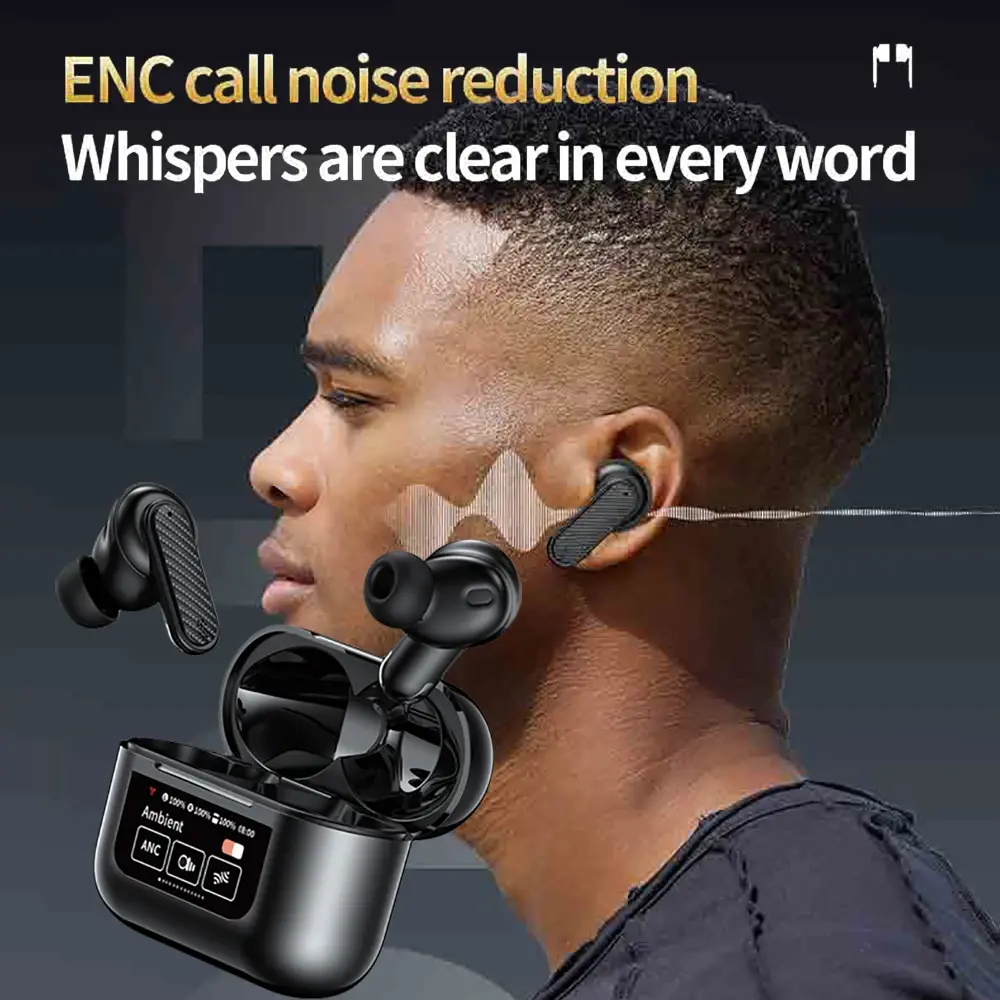 Bluetooth 5.4 Earphones Color Screen Touch Control Headsets Wireless Headphones HiFi Stereo Noise Reduction Super Bass Earbuds