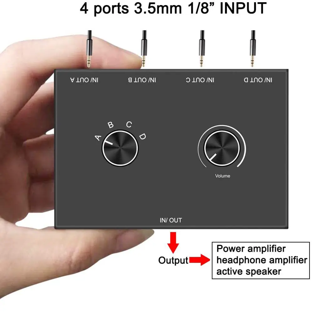 Bi-Directional Audio Switcher 4 Way 3.5mm Stereo Audio Switch 4 In 1 Out / 4 In 1 Out with Mute Button for PC Headphones Speaker