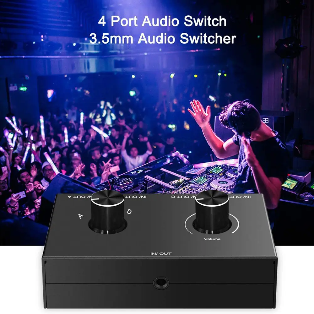 Bi-Directional Audio Switcher 4 Way 3.5mm Stereo Audio Switch 4 In 1 Out / 4 In 1 Out with Mute Button for PC Headphones Speaker