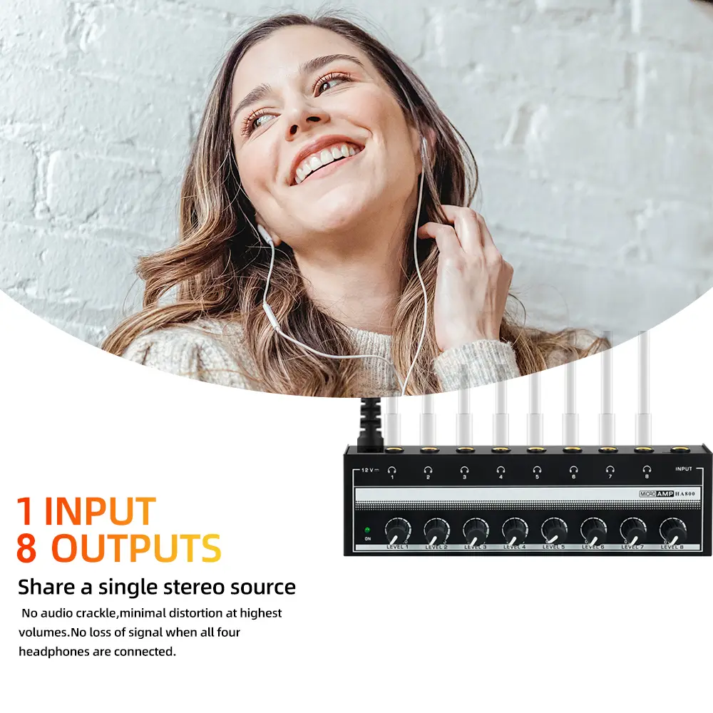 8 Channels Headphone Amplifier AMP Portable Mini Amplifier Ultra-Compact Stereo Audio Amplifier with Rotary Button 6.35mm Jack