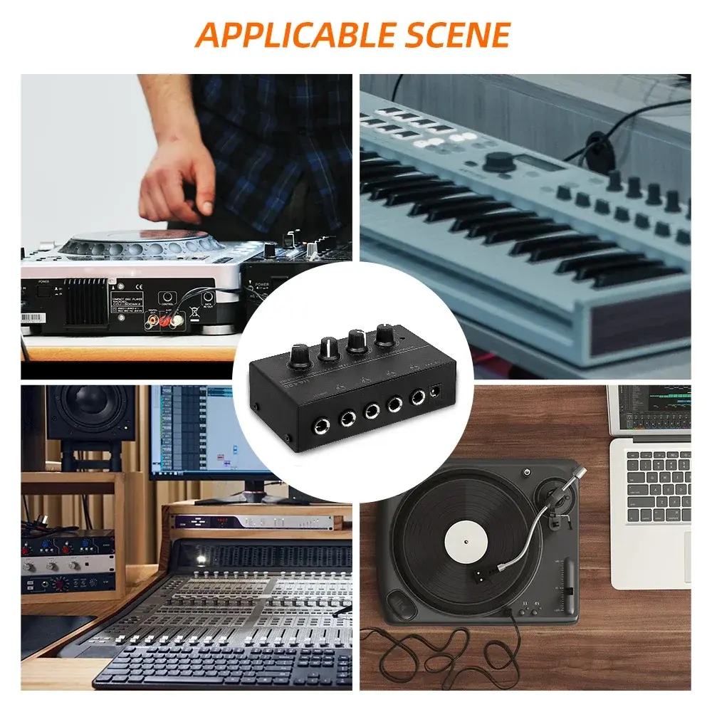 Headphone Amplifier Ultra-Compact Stereo Mini  Audio Amplifier AMP 4 Channels Home Amplifier 6.35mm Jack with Power Adapter
